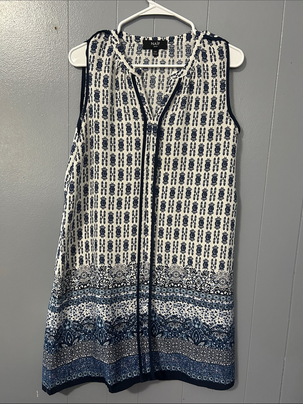 NAIF Navy and White Sleeveless Midi Dress with Border Print